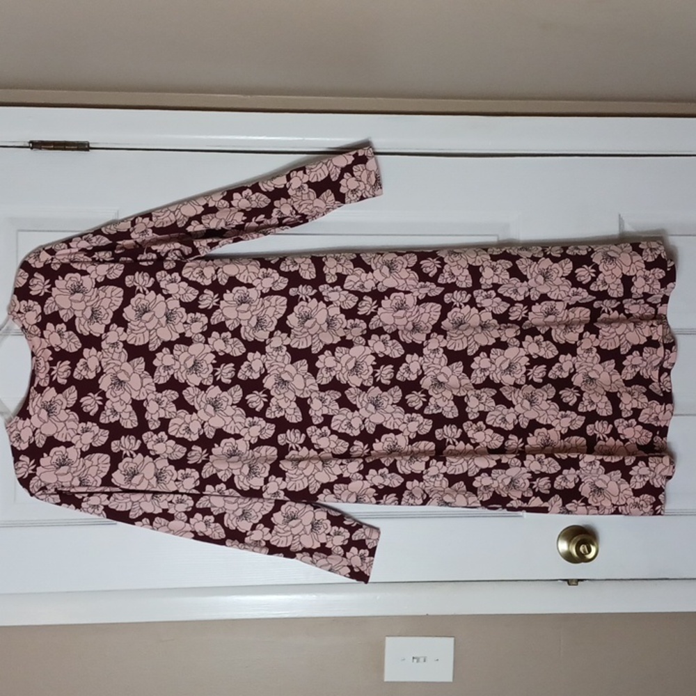 Lands' End 100% Cotton Burgundy and Pink Floral Midi Dress Long Sleeve Size L - Picture 2 of 6